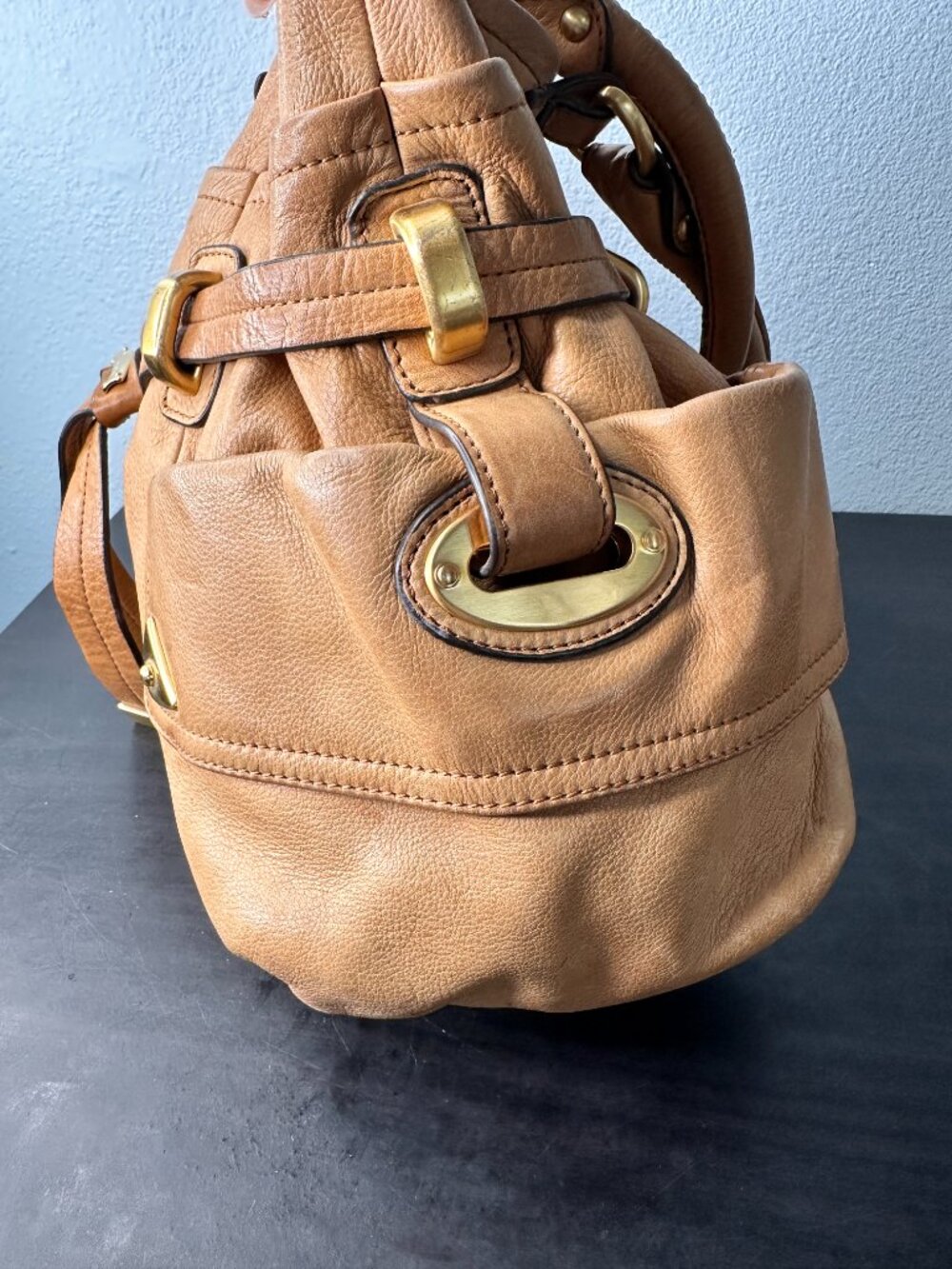 B. Makowsky Camel Tan Leather Hobo Shoulder Bag Purse - Picture 4 of 10